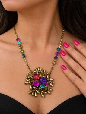Betsey Johnson Multicolor Crystal Floral Burst Pendant Necklace